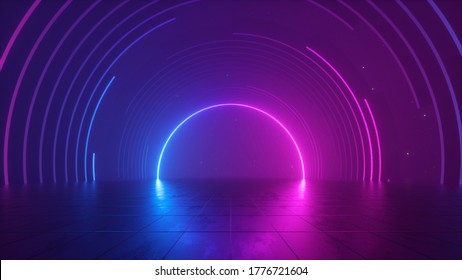 3d Rendering, Abstract Futuristic Pink Blue Neon Background, Cosmic Wallpaper, Round Arch Glowing In Ultraviolet Spectrum