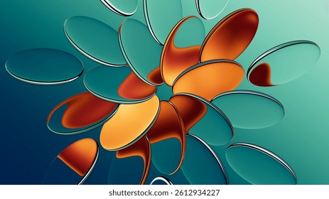 3D rendering. Abstract geometric background. Oval glass lenses scattered. Transparent oval scales