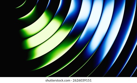 3d rendering. Abstract geometric background. Polished chrome texture with blue green gradient. Ribbed glass illuminated with neon light