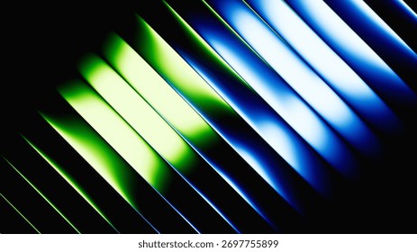 3d rendering. Abstract geometric background. Polished chrome texture with blue green gradient. Ribbed glass illuminated with neon light