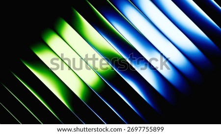 3d rendering. Abstract geometric background. Polished chrome texture with blue green gradient. Ribbed glass illuminated with neon light