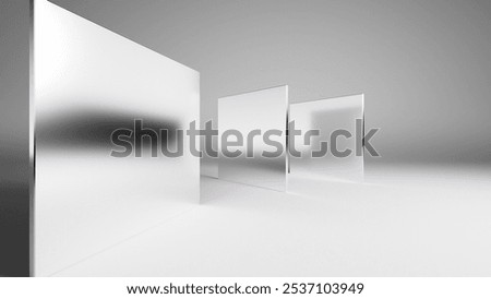 3d rendering. Abstract geometric wallpaper, silver mirrors, flat steel panels with contrasting shadows and caustics. Simple square shapes over white background.