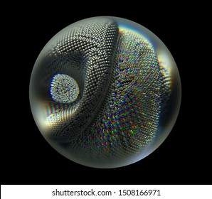 3d rendering with abstract glass sphere with deformed metal atomic wire structured figure inside in matte aluminium and glossy silver metal material on black background