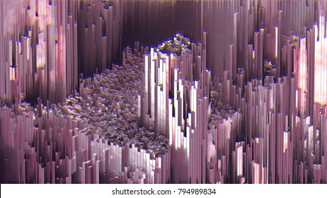 3D Rendering Abstract Glitch Digital Signal. Modern Generative Background. Randomly Scattering Graph Array Of Data. Random Distorted Image Processing. Collapsing Error. Glossy Metal Pink Reflections.