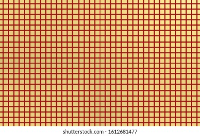3d rendering. Abstract Golden grid square with red line wall background.