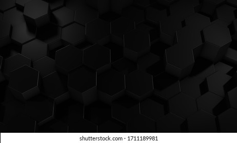 3D rendering of abstract hexagonal geometric black surfaces in virtual space. Randomly placed geometric shapes. Polyhedral wall of hexagons