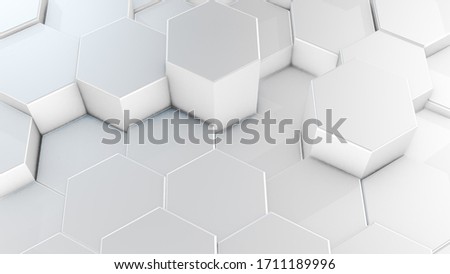 3D rendering of abstract hexagonal geometric white surfaces in virtual space. Randomly placed geometric shapes. Polyhedral wall of hexagons