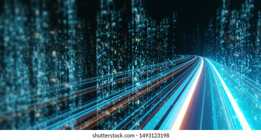 3D Rendering of abstract highway path through digital binary towers in city. Concept of big data, machine learning, artificial intelligence, hyper loop, virtual reality, high speed network. 