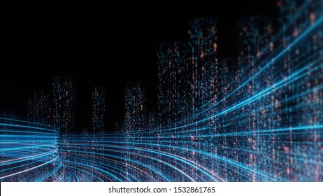 3D Rendering Of Abstract Highway Path Through Digital Binary Towers In City. Concept Of Big Data, Machine Learning, Artificial Intelligence, Hyper Loop, Virtual Reality, High Speed Network. 