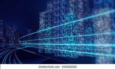 3D Rendering Of Abstract Highway Path Through Digital Binary Towers In City. Concept Of Big Data, Machine Learning, Artificial Intelligence, Hyper Loop, Virtual Reality, High Speed Network. 