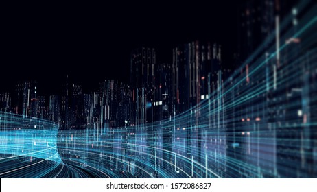 3D Rendering Of Abstract Highway Path Through Digital Binary Towers In City. Concept Of Big Data, Machine Learning, Artificial Intelligence, Hyper Loop, Virtual Reality, High Speed Network. 