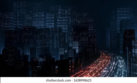 3D Rendering Of Abstract Highway Path Through Digital Binary Towers In City. Concept Of Big Data, Machine Learning, Artificial Intelligence, Hyper Loop, Virtual Reality, High Speed Network. 