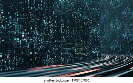 3D Rendering Of Abstract Highway Path Through Digital Binary Towers In City. Concept Of Big Data, Machine Learning, Artificial Intelligence, Hyper Loop, Virtual Reality, High Speed Network. 