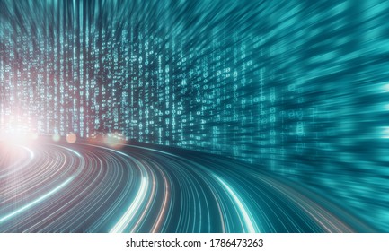 3D Rendering Of Abstract Highway Path Through Digital Binary Data. Concept Of Big Data Processing, Machine Learning, Artificial Intelligence, Hyper Loop, Virtual Reality, High Speed Network. 