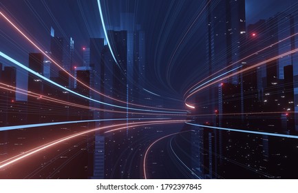 3D Rendering Of Abstract Highway Path Through Digital Binary Towers In City. Concept Of Big Data, Machine Learning, Artificial Intelligence, Hyper Loop, Virtual Reality, High Speed Network. 