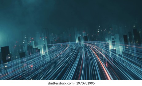 3D Rendering Of Abstract Highway Path Through Digital Binary Towers In City. Concept Of Big Data, Machine Learning, Artificial Intelligence, Hyper Loop, Virtual Reality, High Speed Network. 