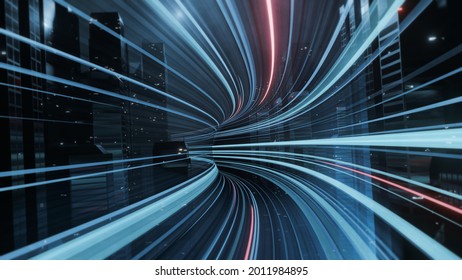 3D Rendering Of Abstract Highway Path Through Digital Binary Towers In City. Concept Of Big Data, Machine Learning, Artificial Intelligence, Hyper Loop, Virtual Reality, High Speed Network. 