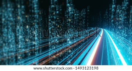 3D Rendering of abstract highway path through digital binary towers in city. Concept of big data, machine learning, artificial intelligence, hyper loop, virtual reality, high speed network.  [[stock_photo]] © 