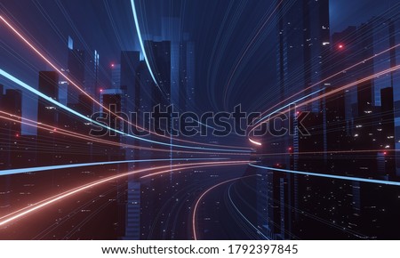 3D Rendering of abstract highway path through digital binary towers in city. Concept of big data, machine learning, artificial intelligence, hyper loop, virtual reality, high speed network.  Foto d'archivio © 