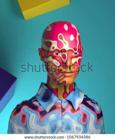 3d rendering of abstract human torso in shirt, with bright random noise texture. Painted bust sculpture on blue background, modern art.