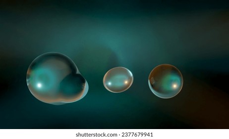 3d rendering. Abstract 3d illustration of transparent liquid droplets in zero gravity. The drops merge and shine in the rays of light. 3d background, abstraction.