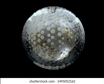 3d Rendering Of Abstract Matte Glass Ball With Octagon Pattern, Inside Golden Sphere As Core On Black Background