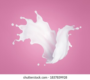 3d rendering, abstract milk splash clip art, white dynamic liquid wave splashing isolated on pink background