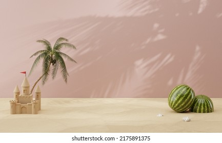 3D rendering abstract minimal background in summer concept with sand floor and castle coconut tree watermelon on pink clean concrete wall. Fashion display concept for product presentation branding. 