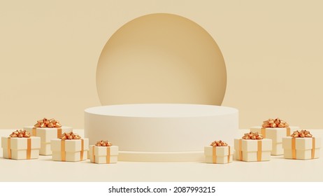 3D rendering, Abstract minimal mock up scene, geometry podium shape for show cosmetic product display, Christmas tree and gift box, Christmas and New Year's studio interior platform.