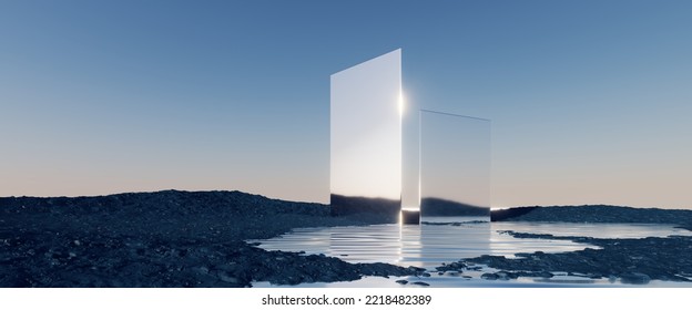 3d rendering  abstract minimalist background  futuristic zen scenery  panoramic seascape wallpaper  Calm water  black rocks seashore  rectangular mirror   pastel blue gradient sky