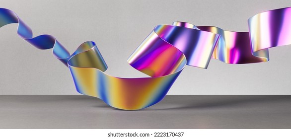 3d Rendering, Abstract Minimalist Background With Colorful Curvy Ribbon, Holographic Foil, Paper Scroll Macro