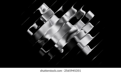 3d rendering, abstract minimalist black background. Diagonal composition of metallic ribbons with a ripple effect, fluid foil stripes. Silver fashion wallpaper
