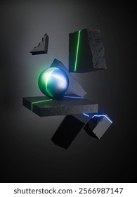 3D rendering. Abstract minimalist composition of geometric objects: ball and concrete blocks levitating in the dark, isolated against a black background. Illuminated with green blue neon light accents