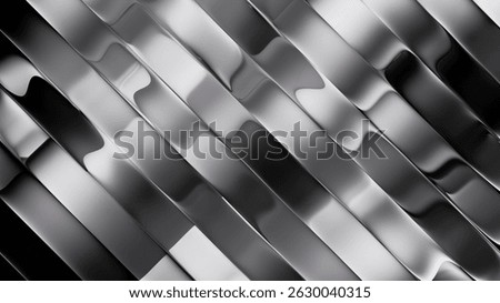 3d rendering, abstract minimalist diagonal composition of rippled metallic stripes isolated on black background. Fluid foil ribbons