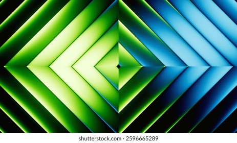 3d rendering. Abstract minimalist geometric background. Rhombus metallic texture with blue green gradient. Ribbed glass illuminated with neon light