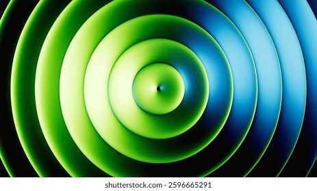 3d rendering. Abstract minimalist geometric background. Round metallic texture with blue green gradient. Ribbed glass illuminated with neon light