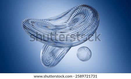 3D rendering. Abstract minimalist light blue background. Macro of crystal shapes with ribbed glass texture