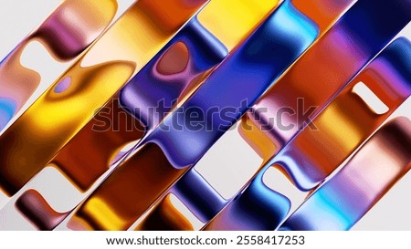3D rendering, abstract minimalist multicolored background. Diagonal composition of waving metallic ribbons with a ripple effect. Iridescent foil divided into stripes. Trendy fashion wallpaper