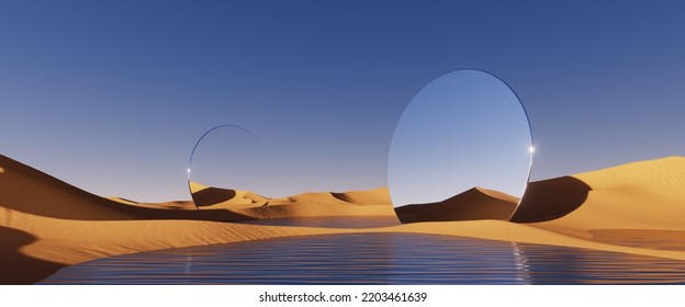 3d Rendering, Abstract Modern Minimal Panoramic Background With Round Mirrors. Desert Landscape With Sand Dunes Under The Clear Blue Sky. Fantasy Aesthetic Wallpaper