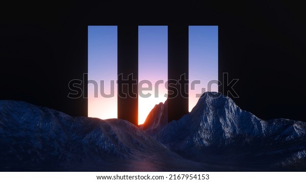 3d rendering, abstract modern minimal panoramic background with geometric mirrors and landscape with rocky mountains under the sunset sky. Fantastic aesthetic wallpaper