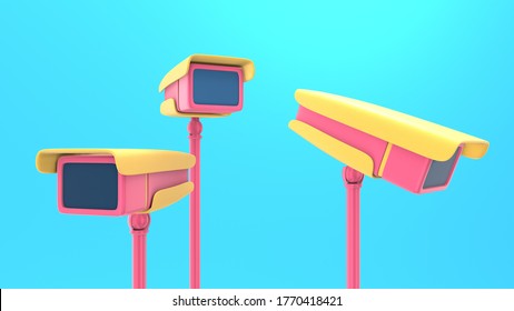 3D Rendering Abstract Motion Animation Three Cameras Video Surveillance. Unusual Funny Joke Pop Art Cartoon Style