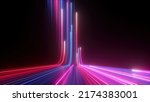 3d rendering, abstract neon background with ascending pink and blue glowing lines. Fantastic wallpaper with colorful laser rays