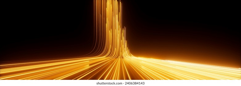3d rendering, abstract neon background. Modern wallpaper with glowing gold ascending lines