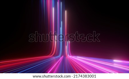 3d rendering, abstract neon background with ascending pink and blue glowing lines. Fantastic wallpaper with colorful laser rays 商業照片 © 