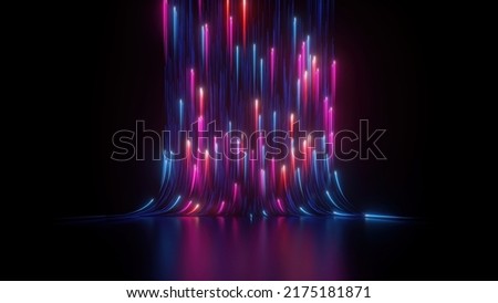 3d rendering, abstract neon background with ascending pink blue red glowing lines, light beam. Fantastic wallpaper with colorful laser rays