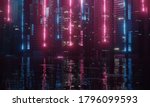 3D Rendering of abstract neon mega city with light reflection from puddles on street. Concept for night life, never sleep business district center (CBD)Cyber punk theme. 