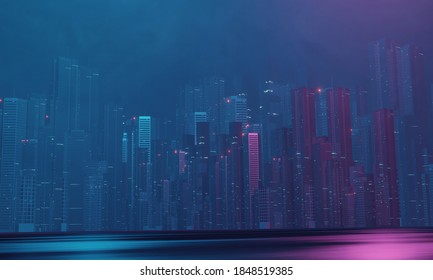3D Rendering Of Abstract Neon Mega City With Light Reflection From Puddles On Street. Concept For Night Life, Never Sleep Business District Center (CBD)Cyber Punk Theme. 