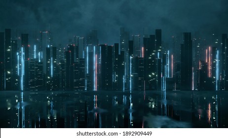 3D Rendering Of Abstract Neon Mega City With Light Reflection From Puddles On Street. Concept For Night Life, Never Sleep Business District Center (CBD)Cyber Punk Theme. 