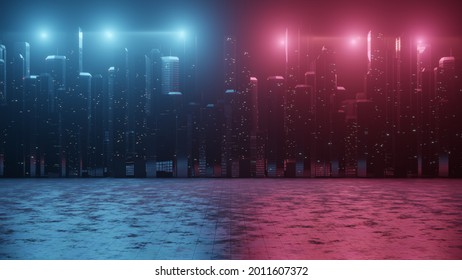 3D Rendering Of Abstract Neon Mega City With Light Reflection From Puddles On Street. Concept For Night Life, Never Sleep Business District Center (CBD)Cyber Punk Theme. 