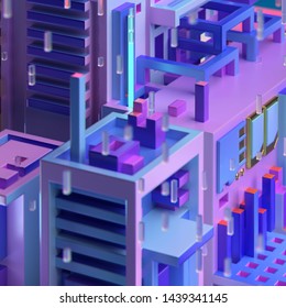 3d rendering of abstract night cityscape. Cyberpunk futuristic cartoon design. Blue, pink, purple and yellow neon colorful signs. Pixel art game style. Voxel cubic structure.  